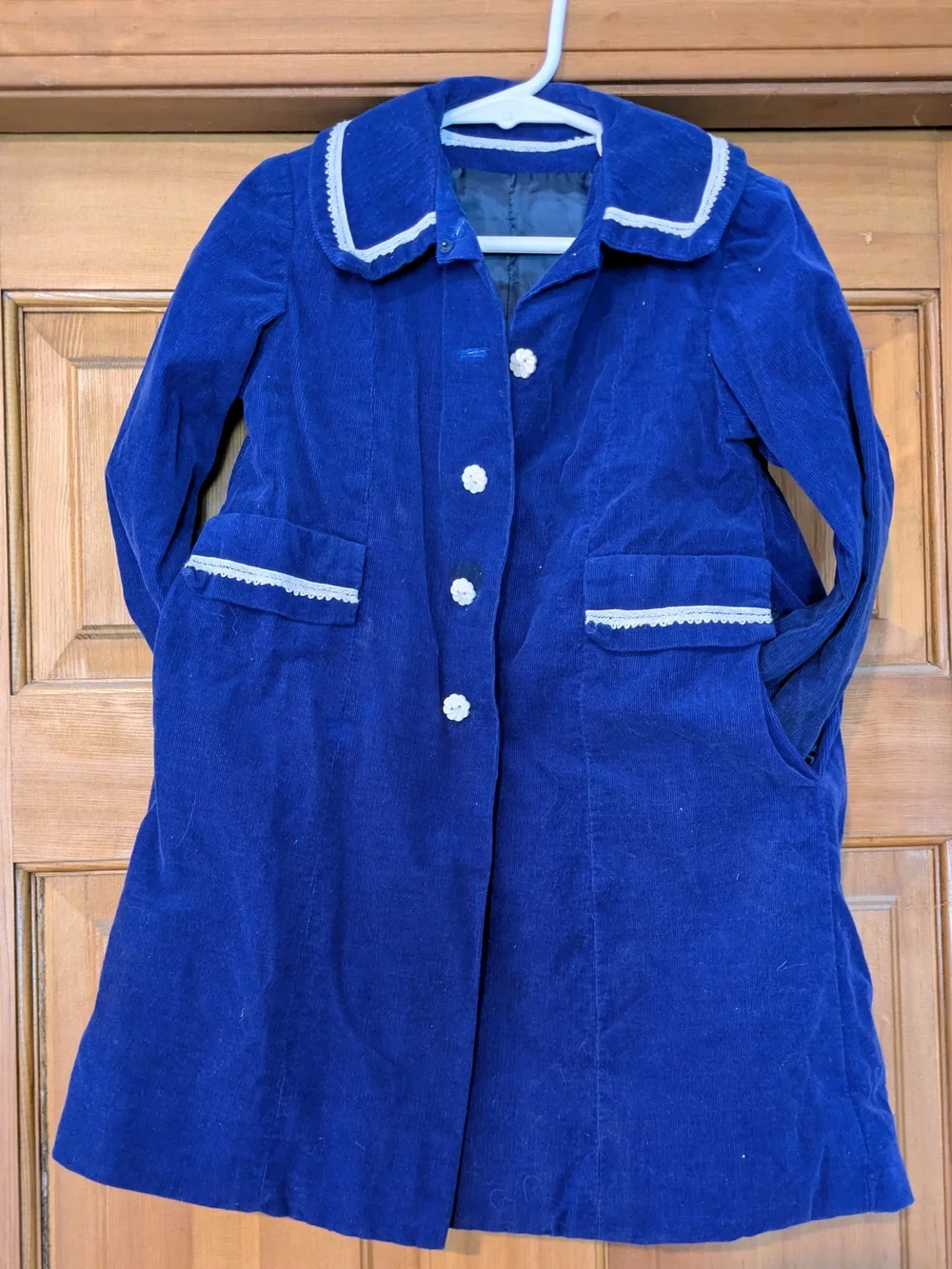 Toddler Girls' Navy Blue Corduroy Coat with Lace Trim - 4T